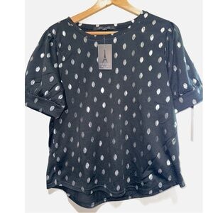 New Look- NWT Women’s Silver Polka Dot Puff Sleeve Top Size Petite Large